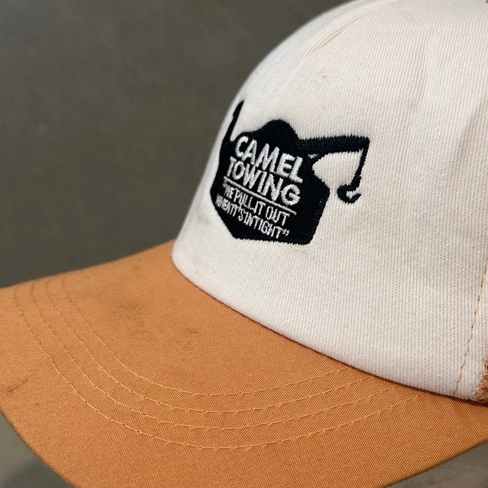 Camel Towing Funny Trucker Hat Tan White Mesh Snapback Novelty Cap